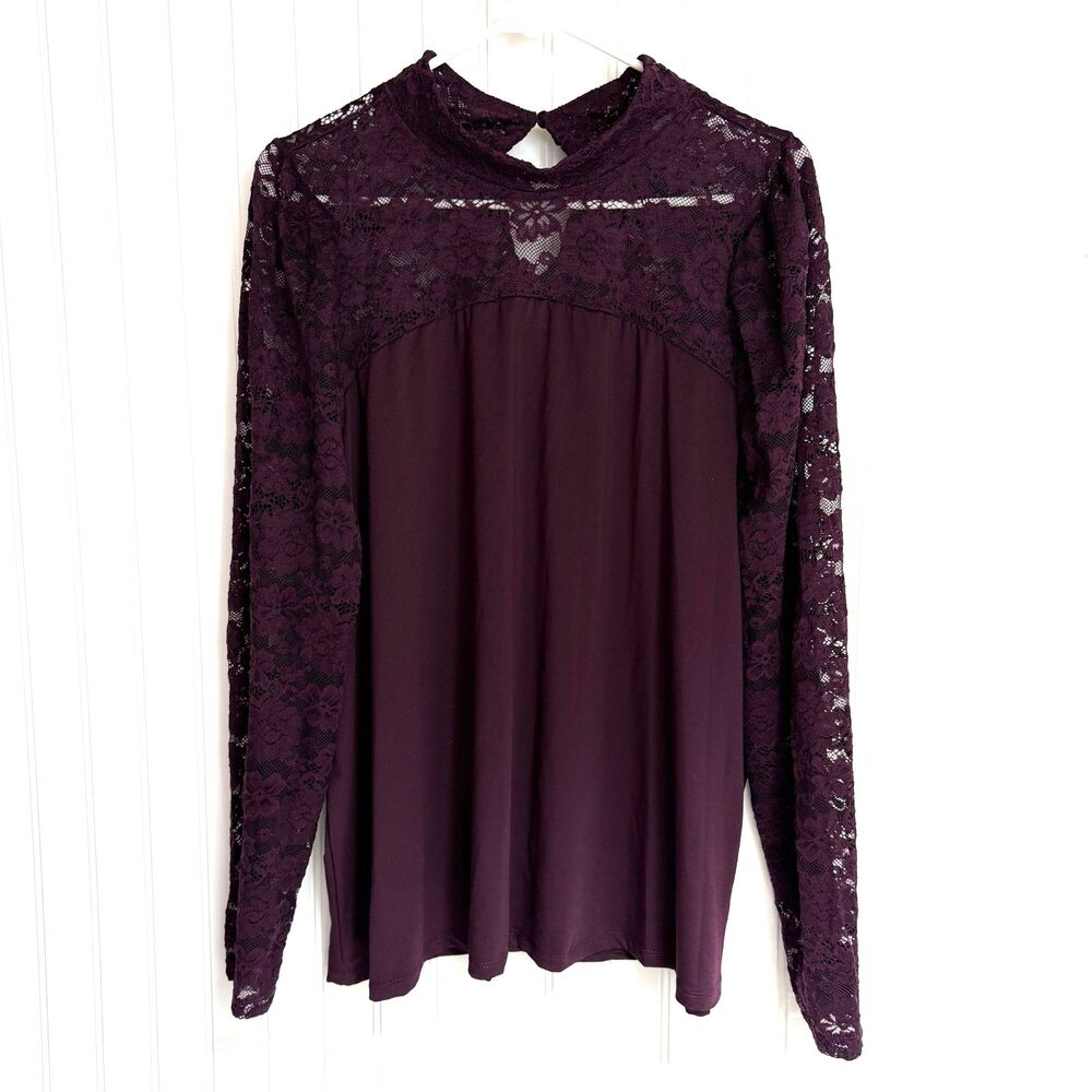 Eloquii Womens Top 20 Purple Lace‎ Shoulders Long Sleeves Pullover Blouse Shirt